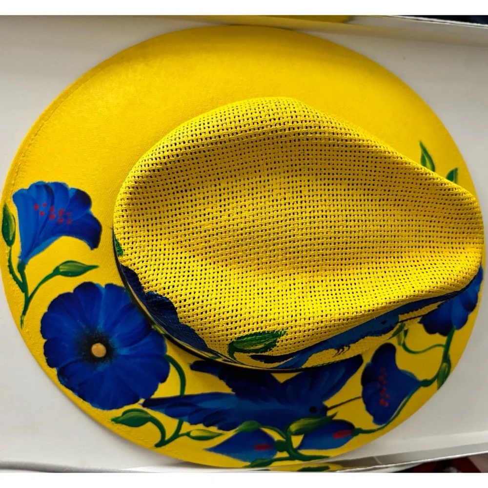 Mexican Hand Painted Yellow and Blue Floral Hat - Picture 6 of 7